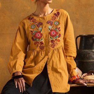 NWT Gudrun Sjoden Tagetes Embroidered Floral Blouse Long Sleeve Top Large